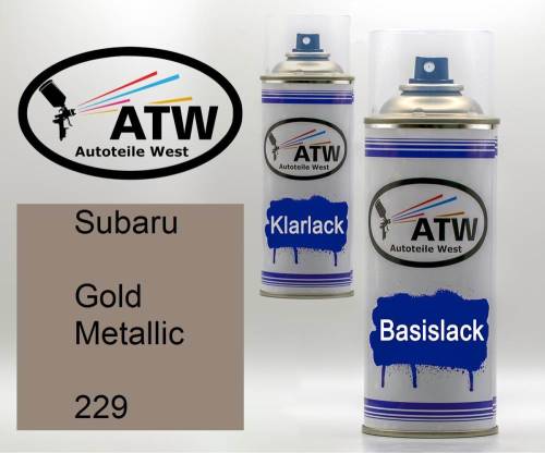 Subaru, Gold Metallic, 229: 400ml Sprühdose + 400ml Klarlack - Set, von ATW Autoteile West.